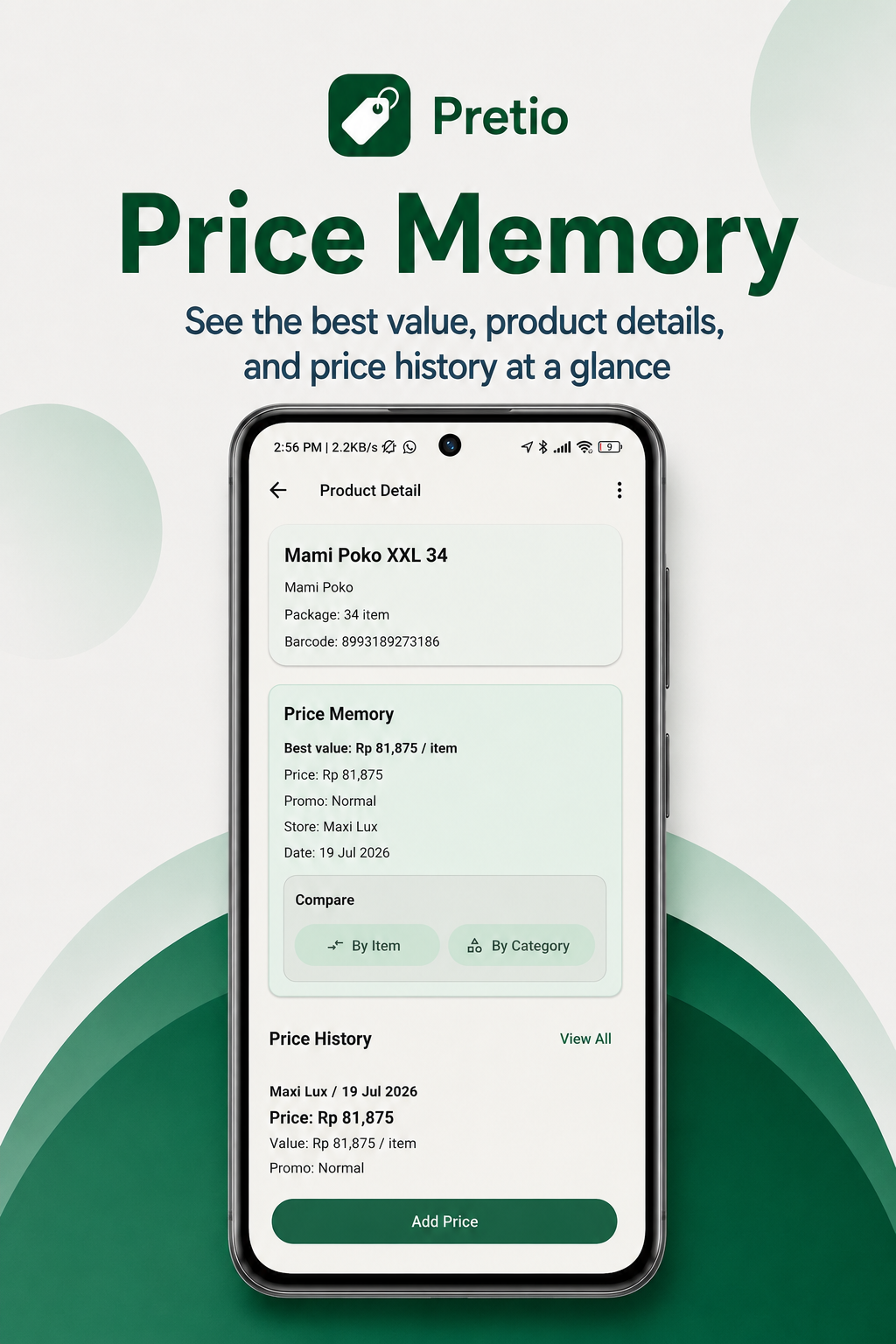 Pretio Price Memory screen