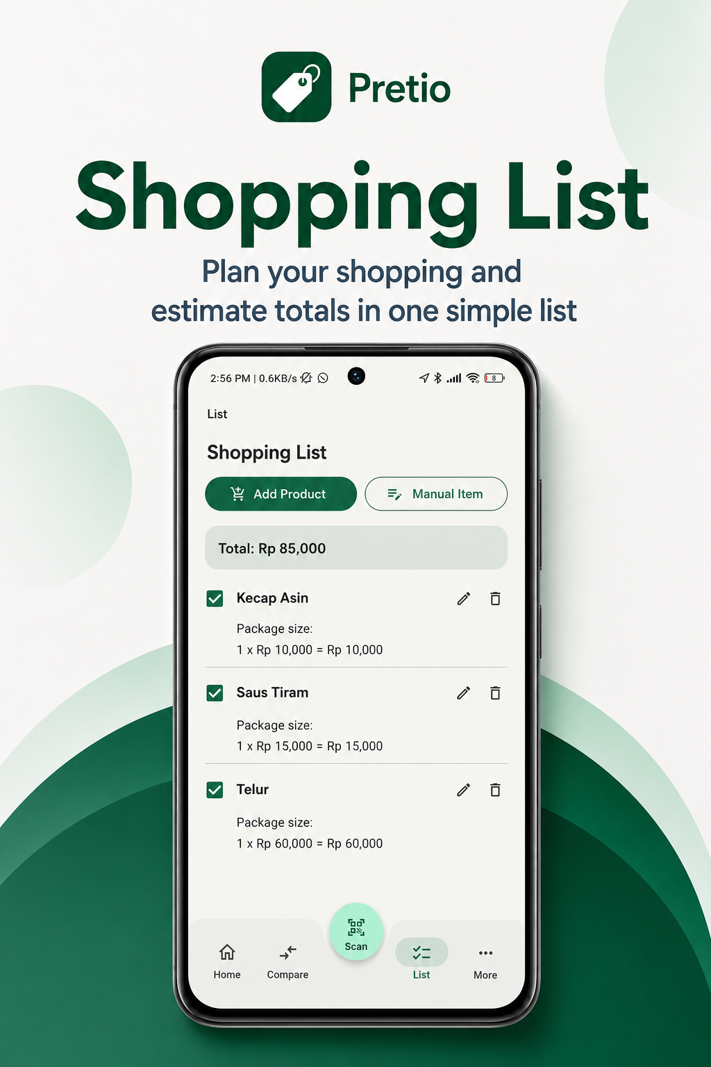 Pretio Shopping List screen