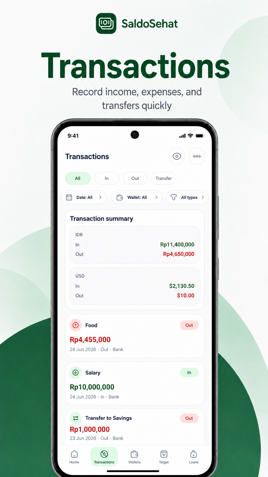 SaldoSehat Transactions screen